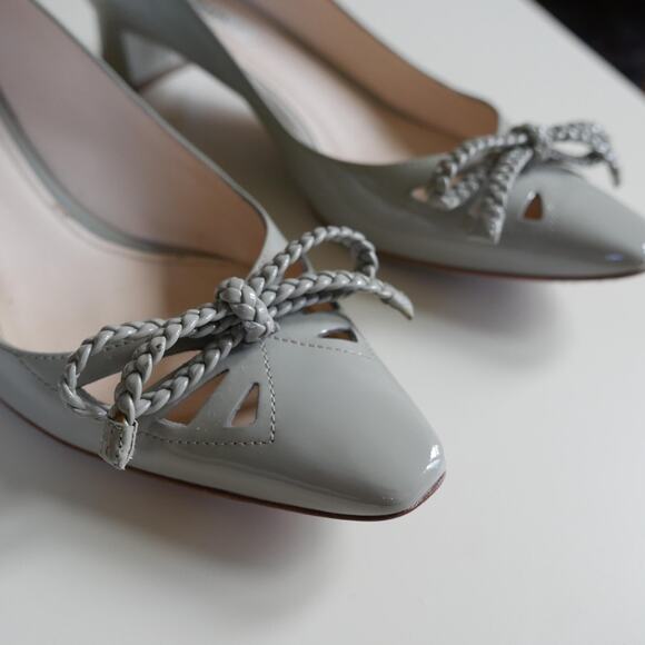 Prada Vintage Heels Pointed Toe Grey Patent Leather Kitten Heel Bow 37 or 7 - Picture 4 of 10